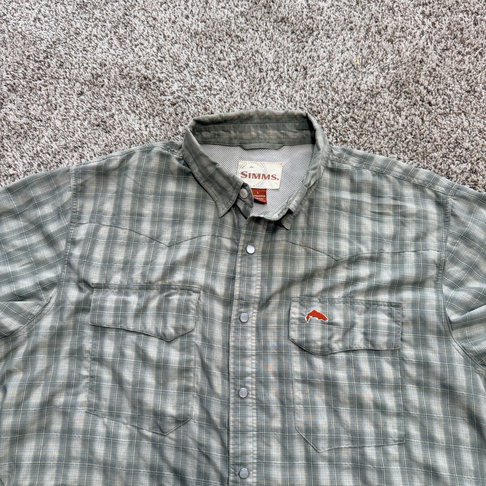Simms Fishing Pearl Snap Plaid Shirt Men's L Vented Green Long Sleeve Western